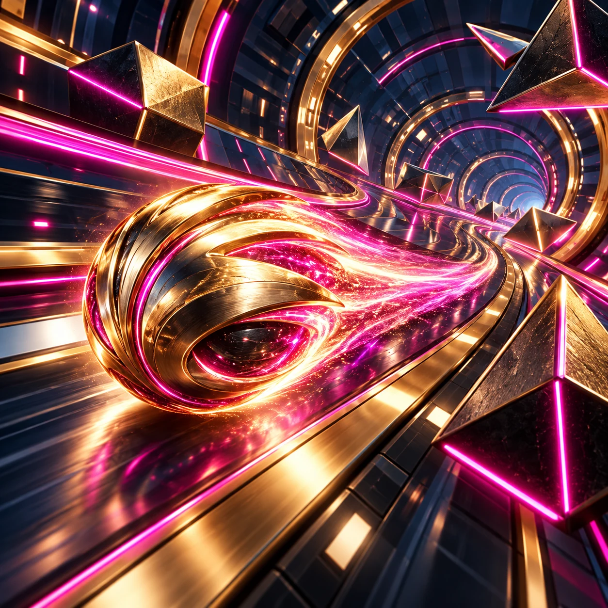 Metallic comet in a futuristic arcade tunnel