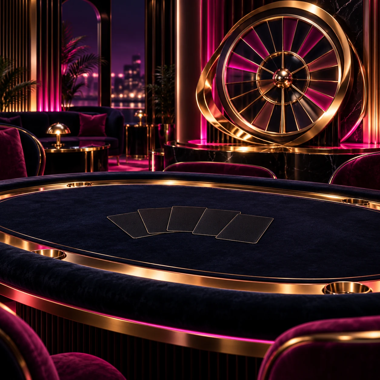 Empty velvet gaming table and abstract gold wheel